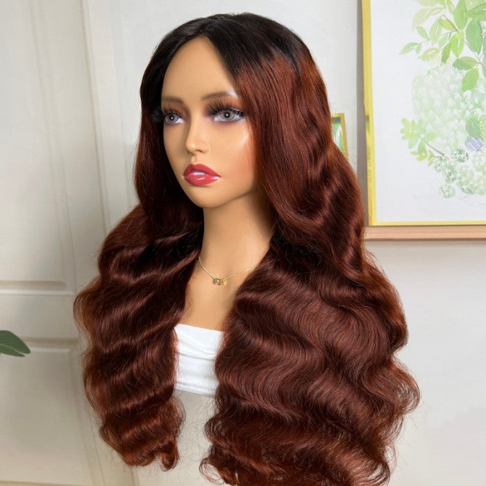 Flash Sale Sunber Reddish Brown Dark Roots V Part Wig Body Wave Glueless Human Hair Wigs