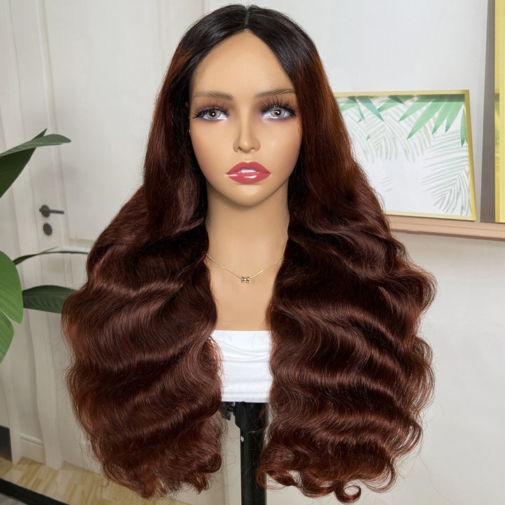 BOGO Sunber Reddish Brown Dark Roots V Part Wig Body Wave Glueless Wigs