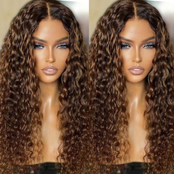 Sunber Ombre Light Brown Water Wave V Part Wigs Glueless Dark Roots Human Hair Wig