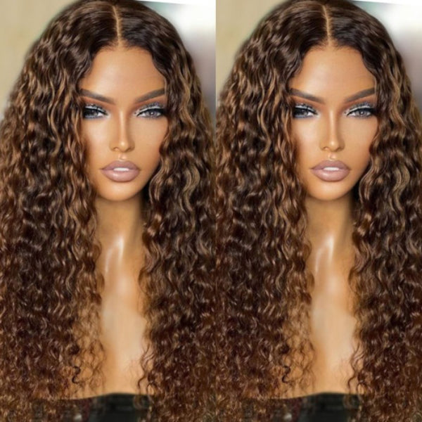 Sunber Ombre Light Brown Water Wave V Part Wigs Glueless Dark Roots Human Hair Wig