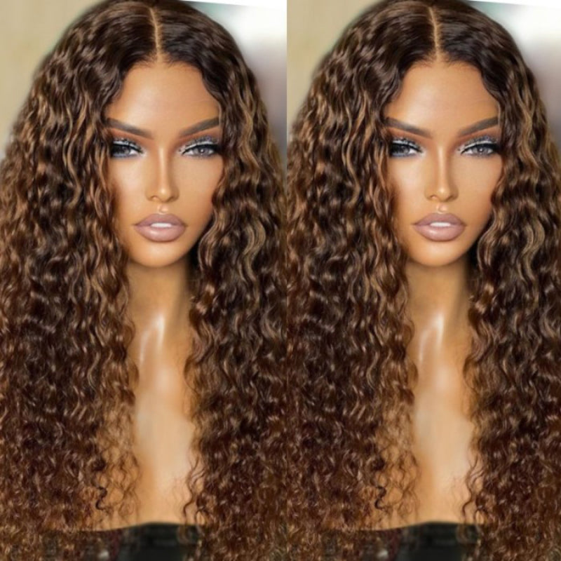 Sunber Ombre Light Brown Water Wave V Part Wigs Glueless Dark Roots Human Hair Wig