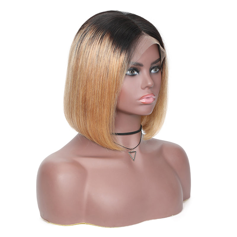 Sunber Ombre Hair 9A Grade Lace Front Omber T1B27 Straight Human Hair Wigs Preplucked Short Bob Wigs
