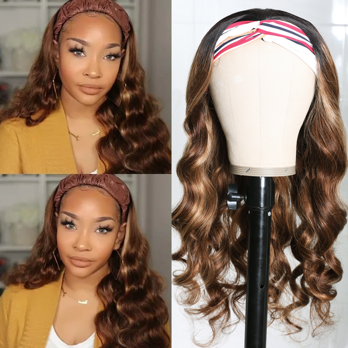 Flash Sale Sunber Ombre Blonde Highlight Body Wave Headband Wig Dark Roots Glueless Wear and Go Headband Wig